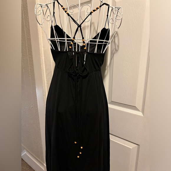 Vintage Cotton Wood Beaded Adjustable Straps Black Midi Dress - Picture 4 of 9